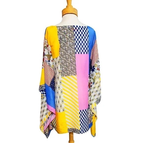 Tory Burch Floral Patchwork Short Caftan/Kaftan Cover-Up Cotton/Silk Beach M/L - Picture 7 of 10